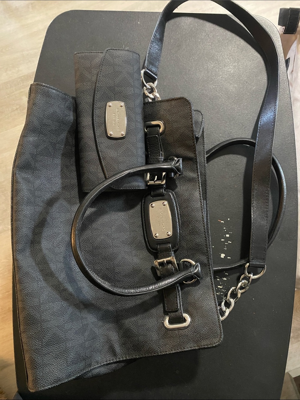 Michael Kors Black Leather Purse with Chain-Detail Strap & Matching Wallet